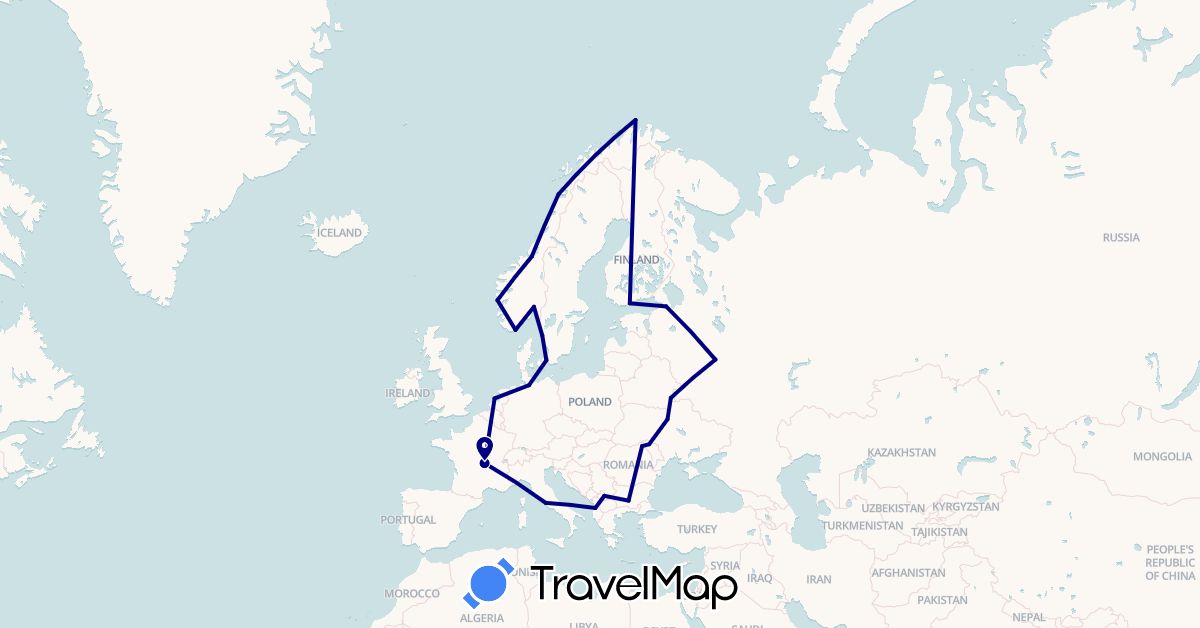 TravelMap itinerary: driving in Albania, Bulgaria, Belarus, Germany, Denmark, Finland, France, Italy, Moldova, Netherlands, Norway, Romania, Russia, Sweden, Ukraine, Kosovo (Europe)
